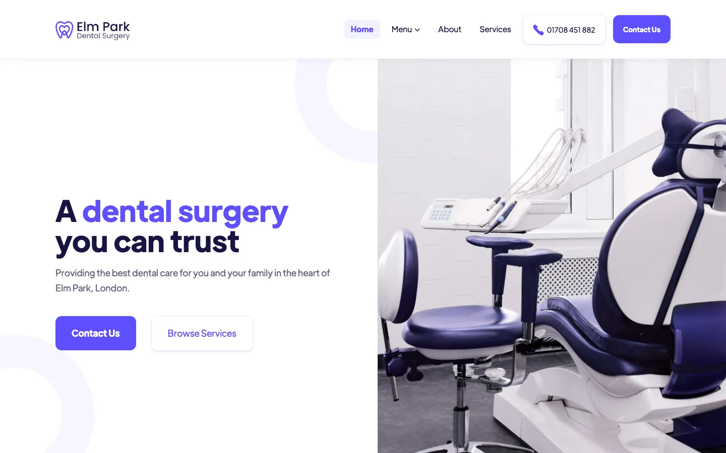 The Elm Park Dental Surgery website, with services, hours and contact details on the first screen.