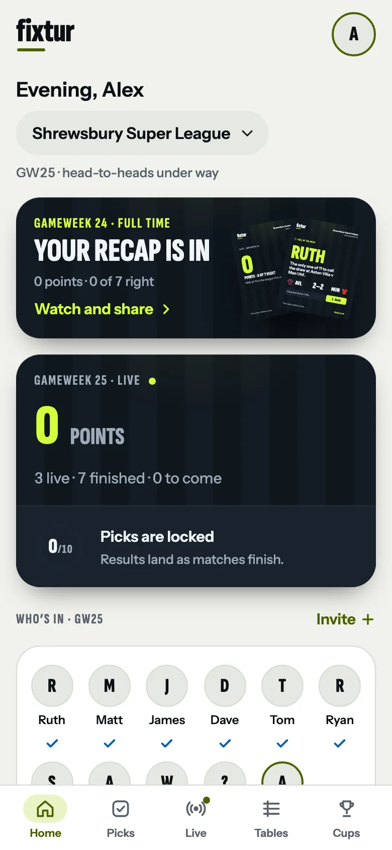 The fixtur app home screen
