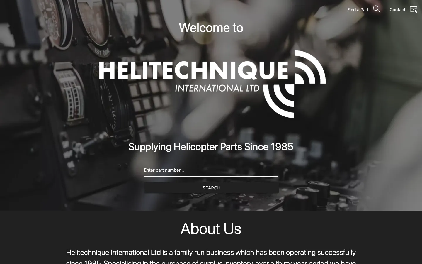 The Helitechnique International website: the logo over a cockpit photograph, the line Supplying Helicopter Parts Since 1985, and a part number search.